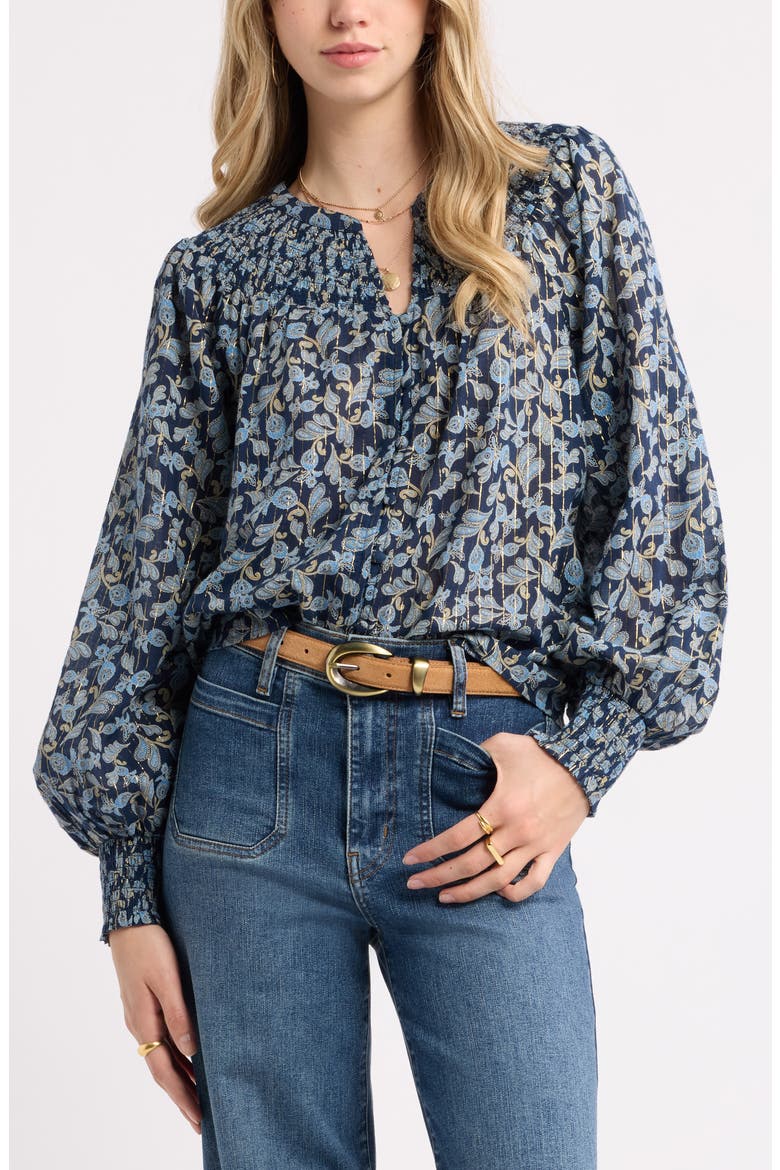 Print Smocked Yoke Button-Up Shirt, Main, color, BLUE- IVORY DAINTY PAISLEY