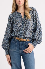 Treasure & Bond Print Smocked Yoke Button-Up Shirt