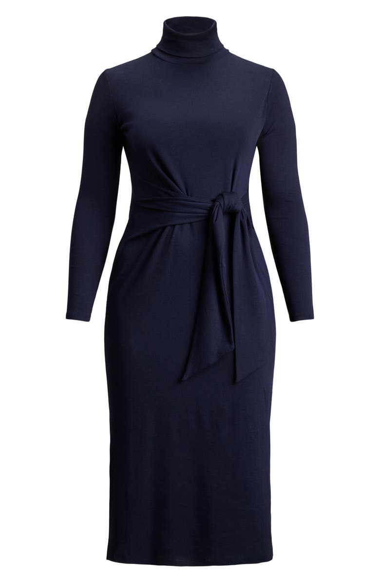 Lauren Ralph Lauren Turtleneck Tie Waist Long Sleeve Rib Cotton Blend Midi Dress, Alternate, color,