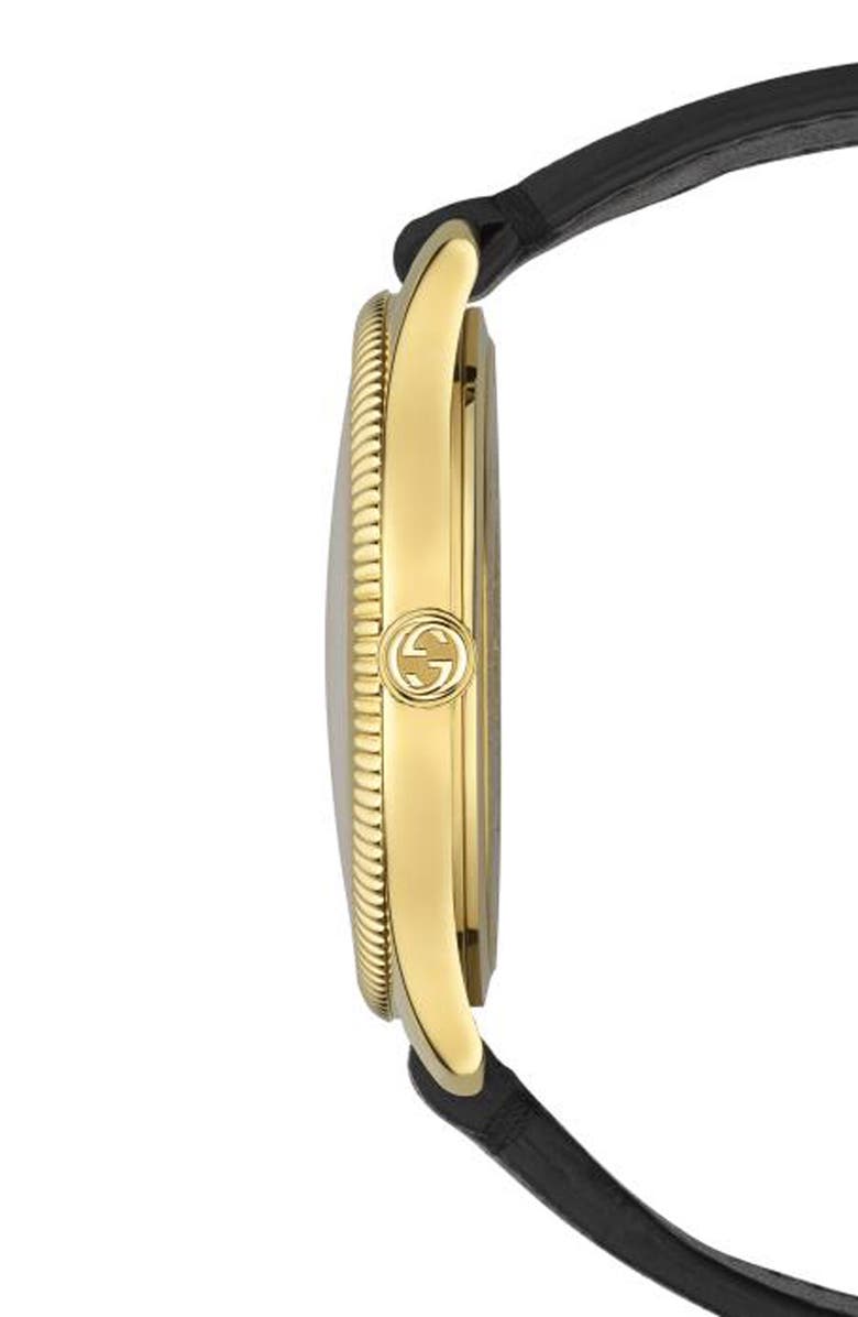 Gucci G-Timeless Bee Leather Strap Watch, 36mm, Alternate, color, Gold/ Black