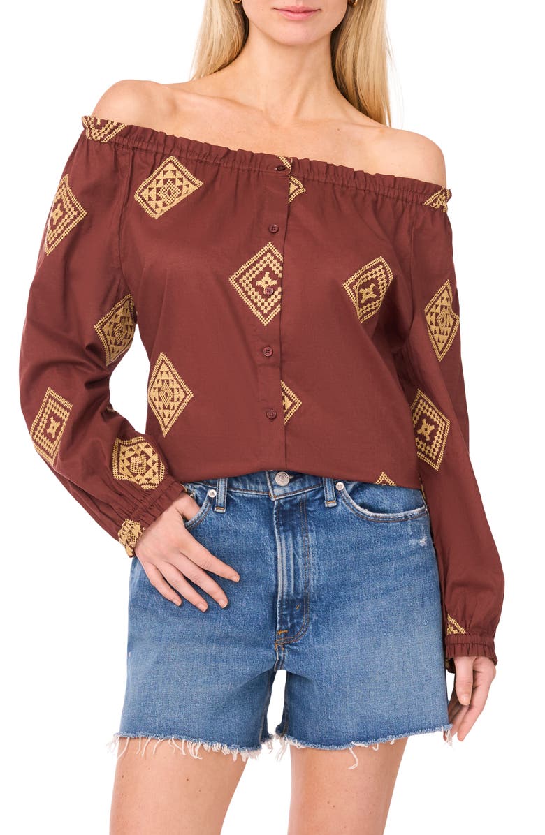 Vince Camuto Button-Up Off the Shoulder Cotton Top, Main, color, Mocha