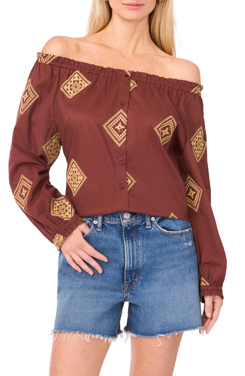 Vince Camuto Button-up Off The Shoulder Cotton Top In Brown