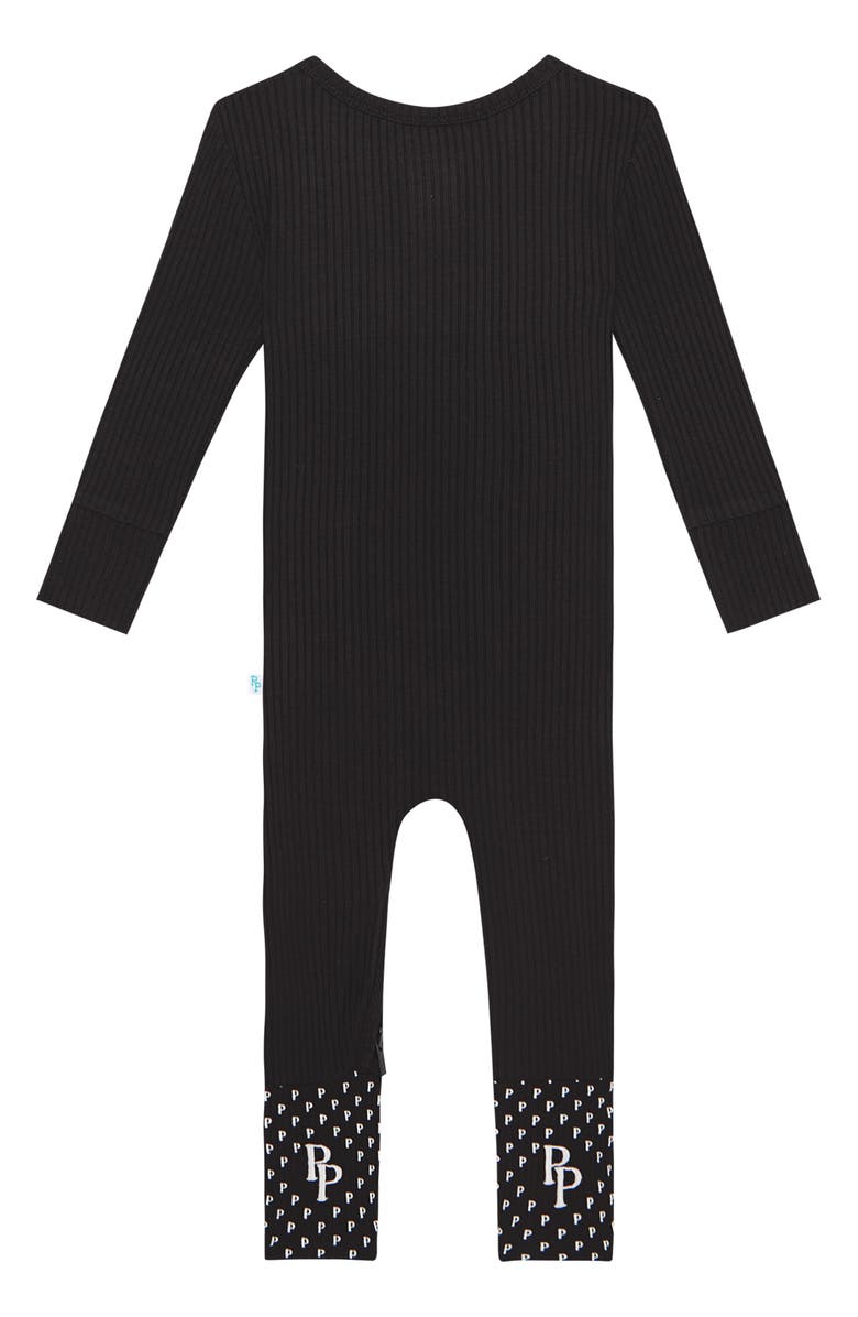 Posh Peanut Solid Black Fitted Rib Convertible Footie Pajamas, Alternate, color, Black