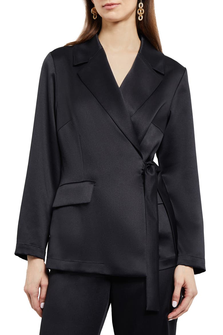 Side Tie Satin Blazer, Main, color, BLACK