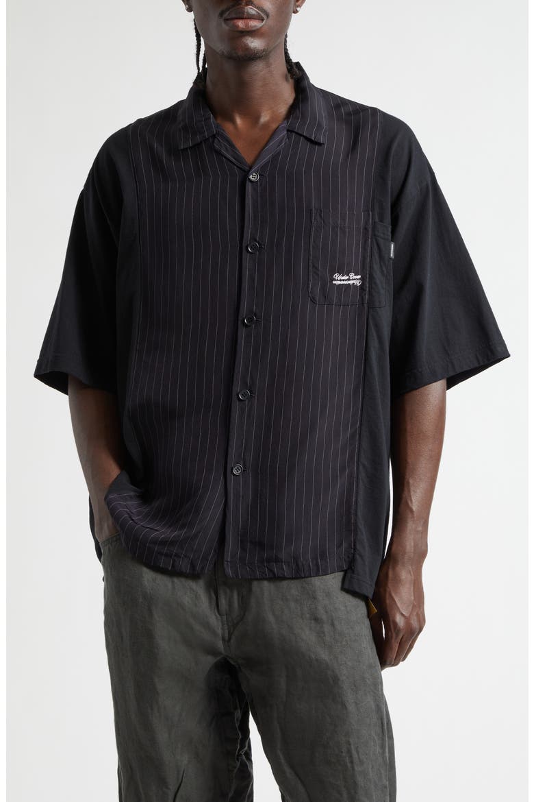 Mixed Media Pinstripe Short Sleeve Button-Up Shirt, Main, color, NAVY STRIPE