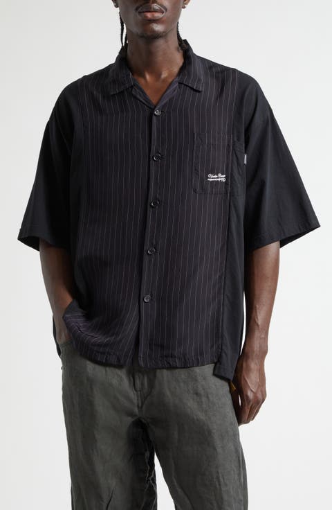Mixed Media Pinstripe Short Sleeve Button-Up Shirt