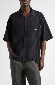 Undercover Mixed Media Pinstripe Short Sleeve Button-Up Shirt