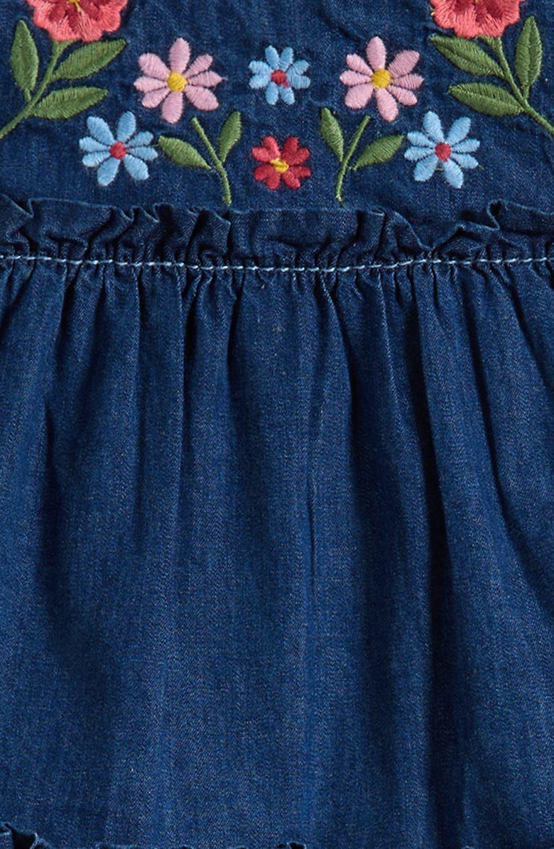 Mini Boden Tiered Ruffle Trim Denim Dress & Bloomers Set, Alternate, color, Chambray Embroidery