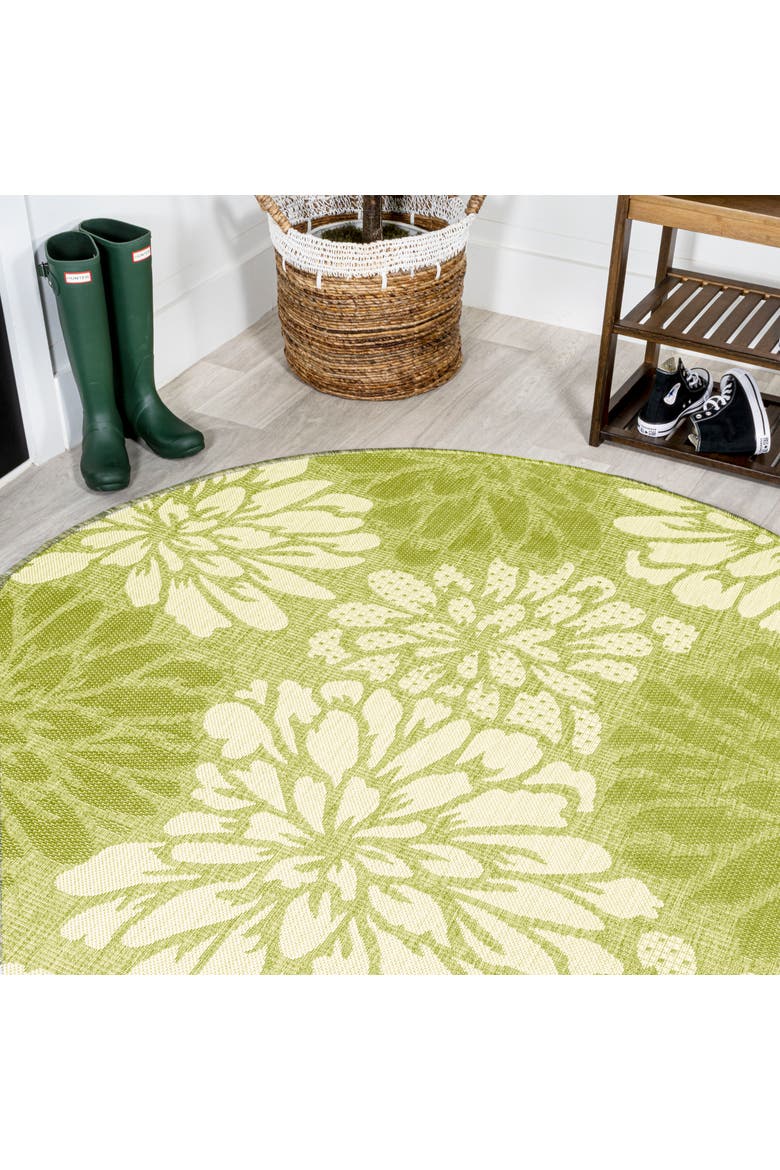 Zinnia Modern Floral Textured Weave Indoor/Outdoor Round Area Rug, Main, color, Green/Cream