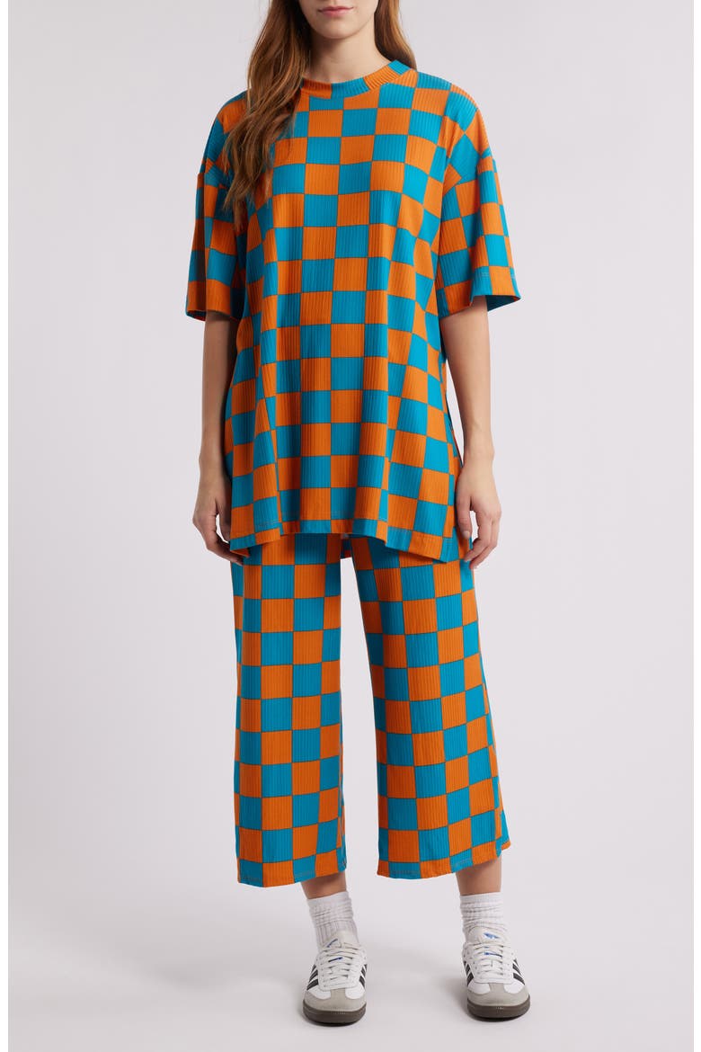 Lex Ribbed Oversize T-Shirt & High Waist Crop Pants Set, Main, color, BLUE ORANGE CHECK