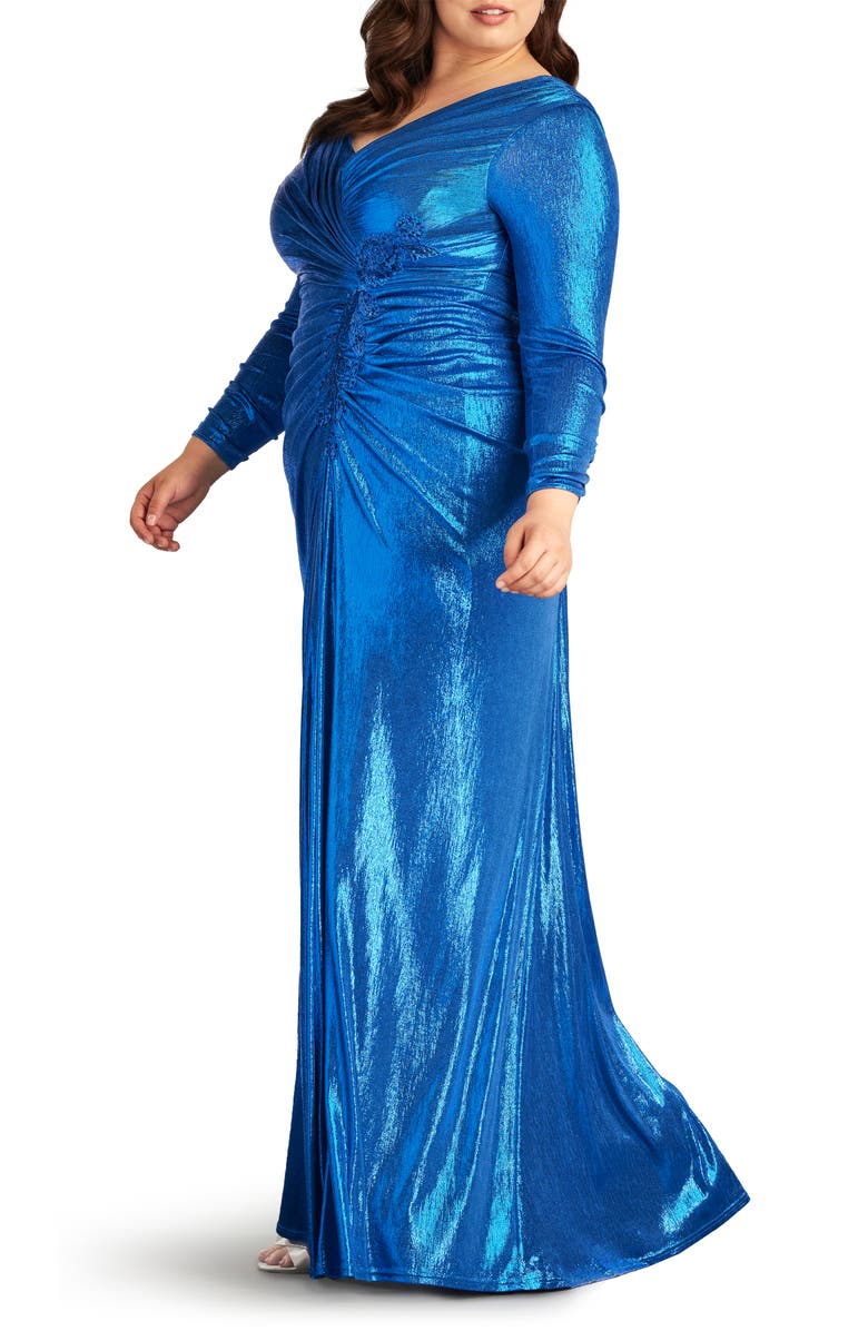 Tadashi Shoji Sequin Floral Detail Metalllic Liquid Jersey Gown, Alternate, color,