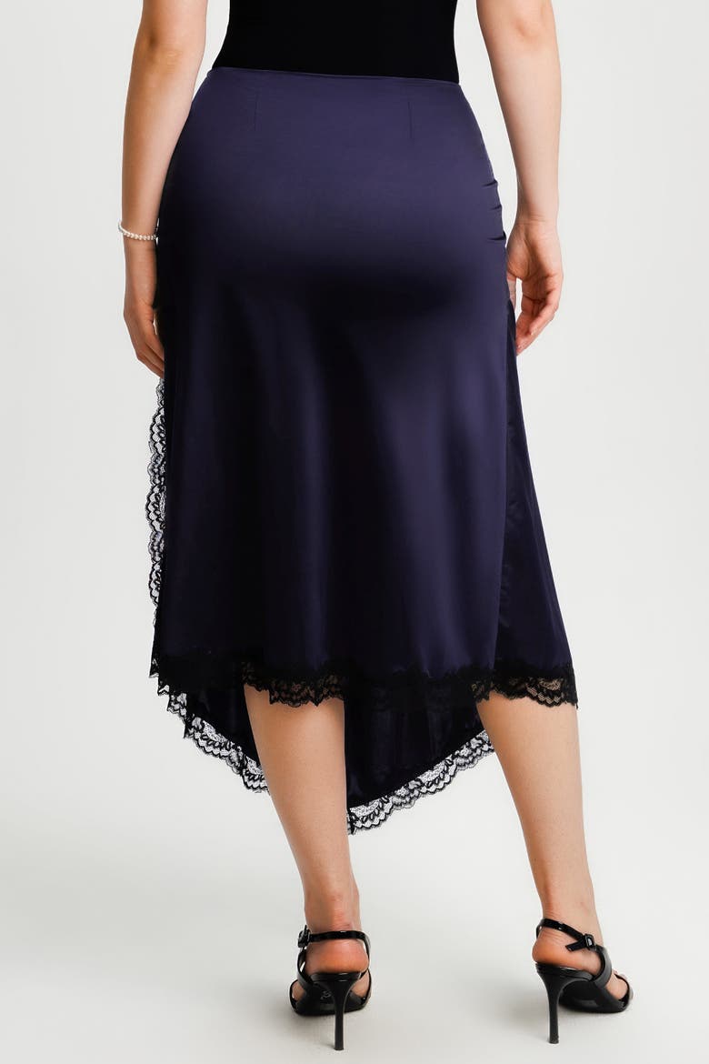 Built In Shapewear Satin Ruched Mermaid Skirt with Lace Trim, Alternate, color, Cambridge Blue