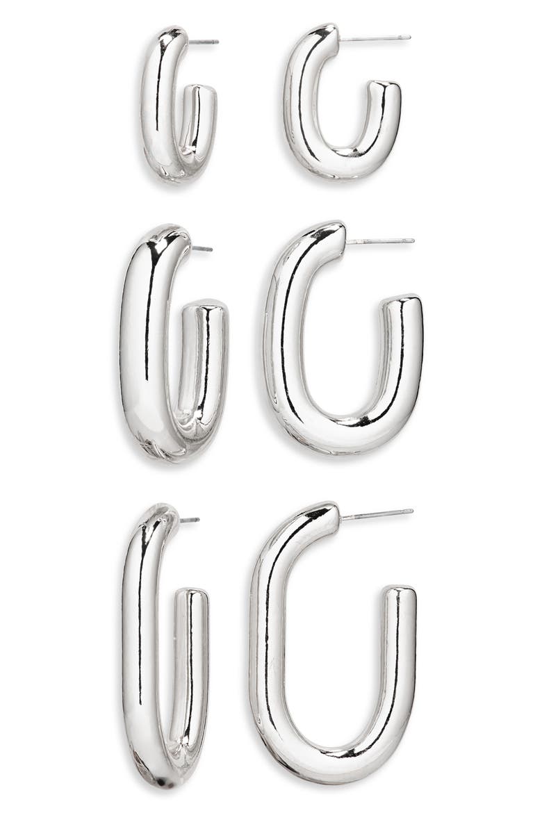 Set of 3 Assorted Oval Hoop Earrings, Main, color, SILVER