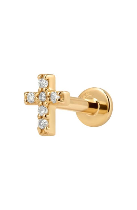 14k Diamond Cross Stud Earring (Flat Back) - Single