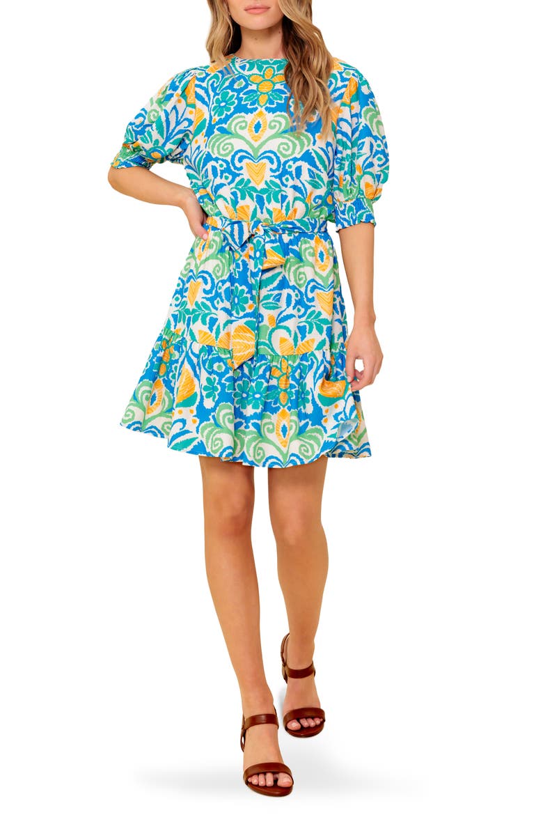 Puff Sleeve Fit & Flare Minidress, Main, color, BLUE GREEN