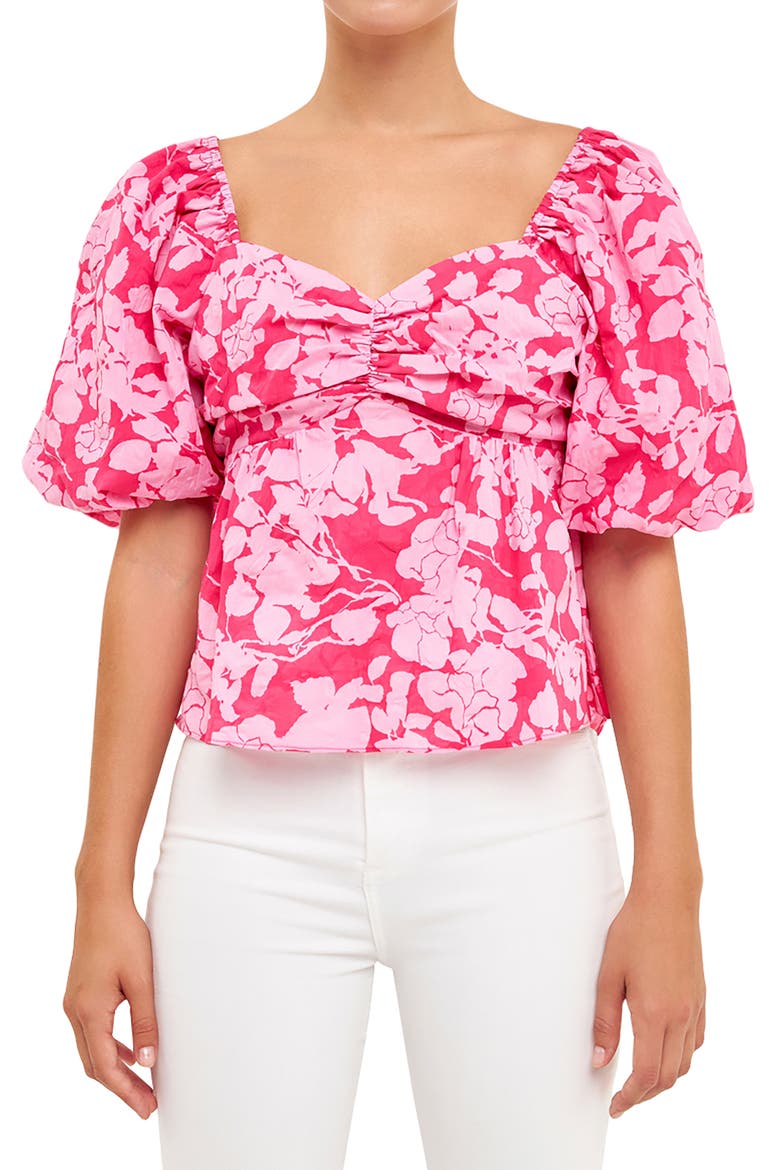Floral Bow Back Puff Sleeve Blouse, Alternate, color, RED/ PINK