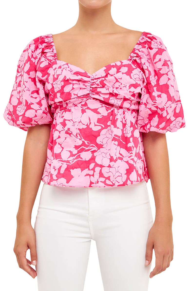 Free the Roses Floral Bow Back Puff Sleeve Blouse, Alternate, color, Red/ Pink