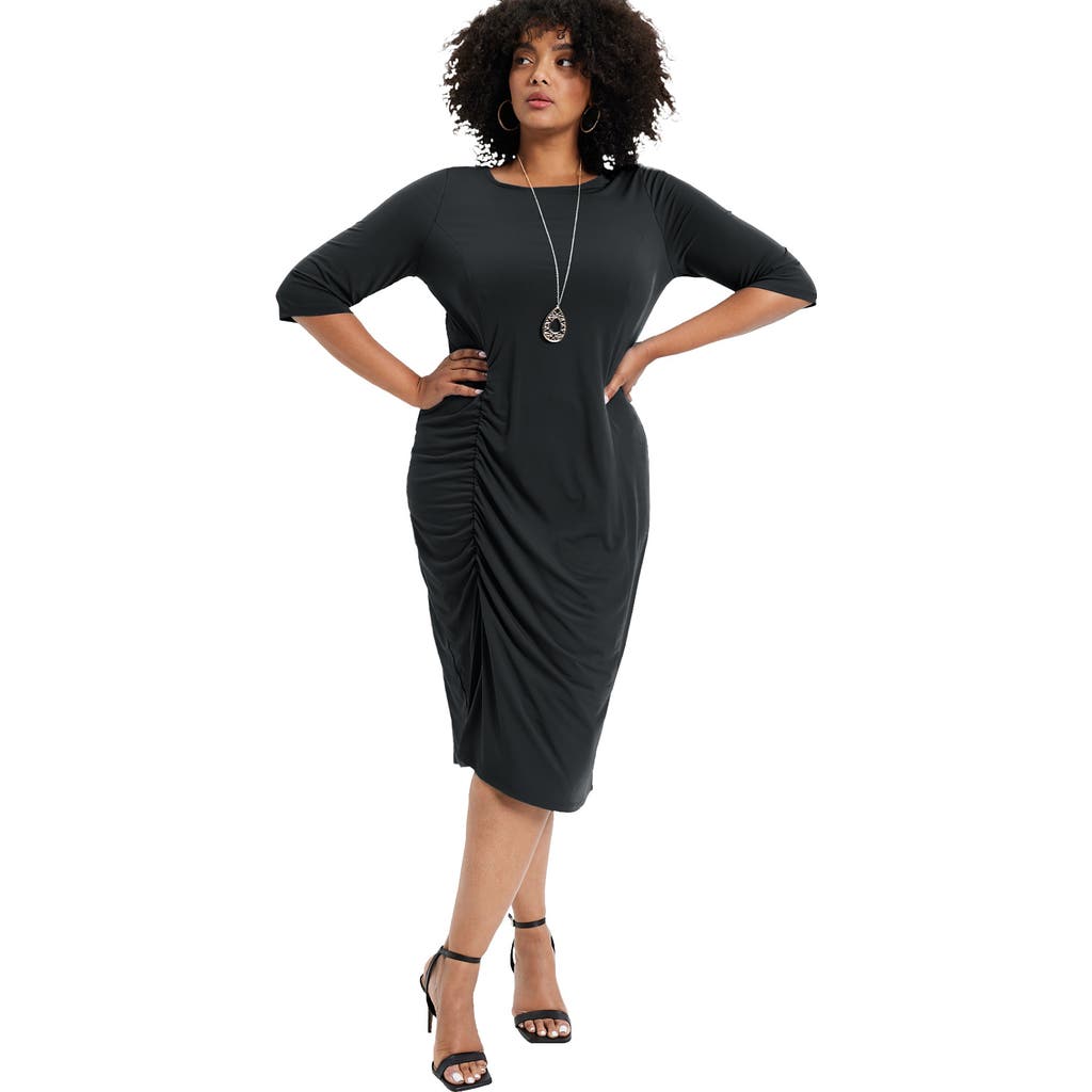 June + Vie Ruched Detail Midi Dress In Black