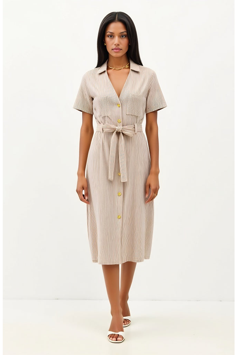 Striped Button-Down Midi Dress with Waist Tie and Collared Neckline, Main, color, Beige / Brown Striped