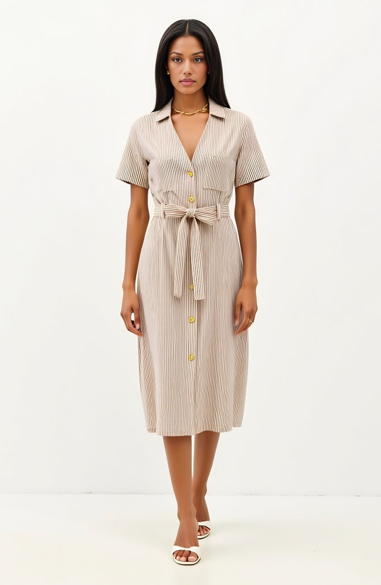 Modenaire Striped Button-Down Midi Dress with Waist Tie and Collared Neckline, Main, color, Beige / Brown Striped