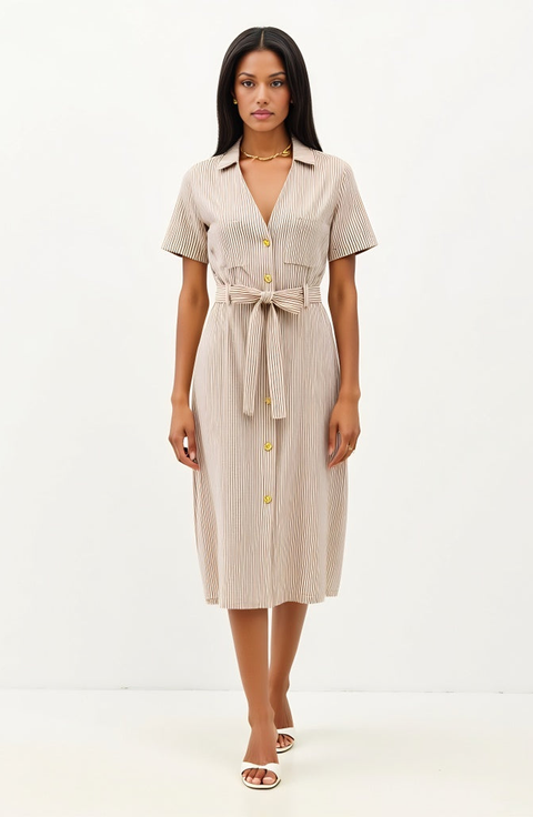 Striped Button-Down Midi Dress with Waist Tie and Collared Neckline
