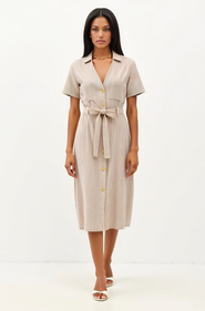 Modenaire Striped Button-Down Midi Dress with Waist Tie and Collared Neckline