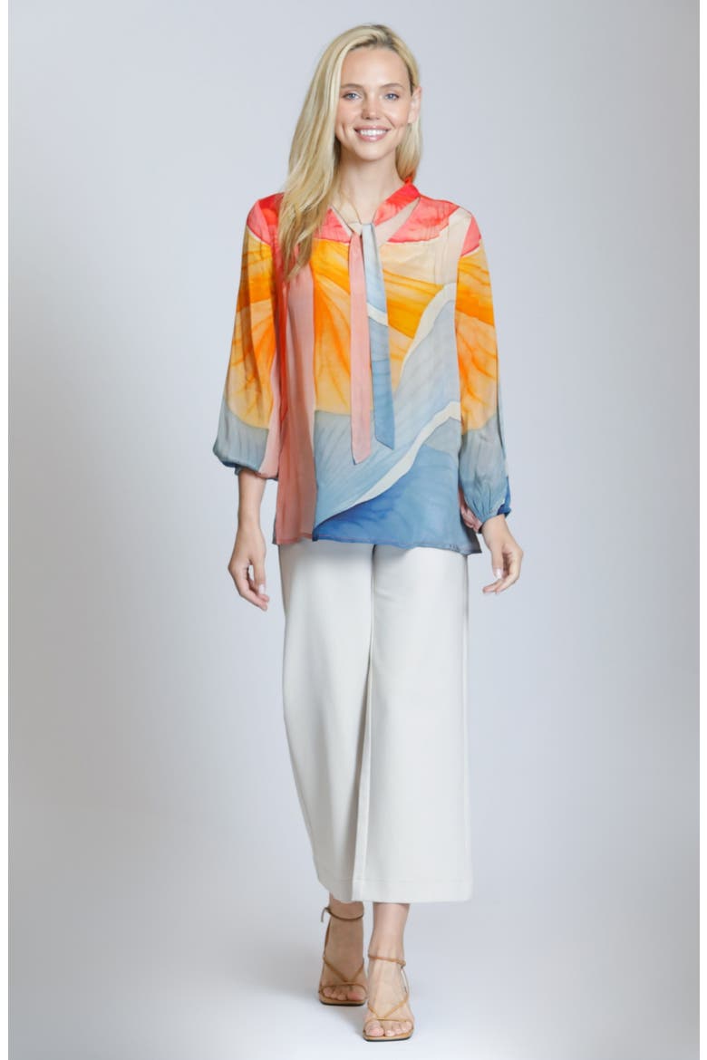 Print Tie Neck Top, Alternate, color, ORANGEGOLD MULTI