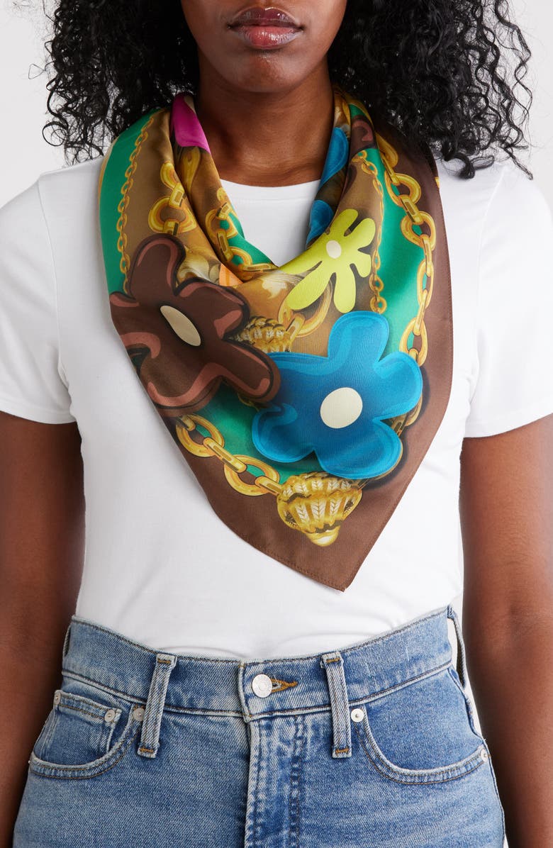 Kurt Geiger London Flower Print Silk Square Scarf, Main, color, 