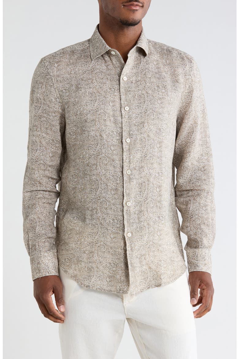 Linen Long Sleeve Button-Up Shirt, Main, color, OLIVE