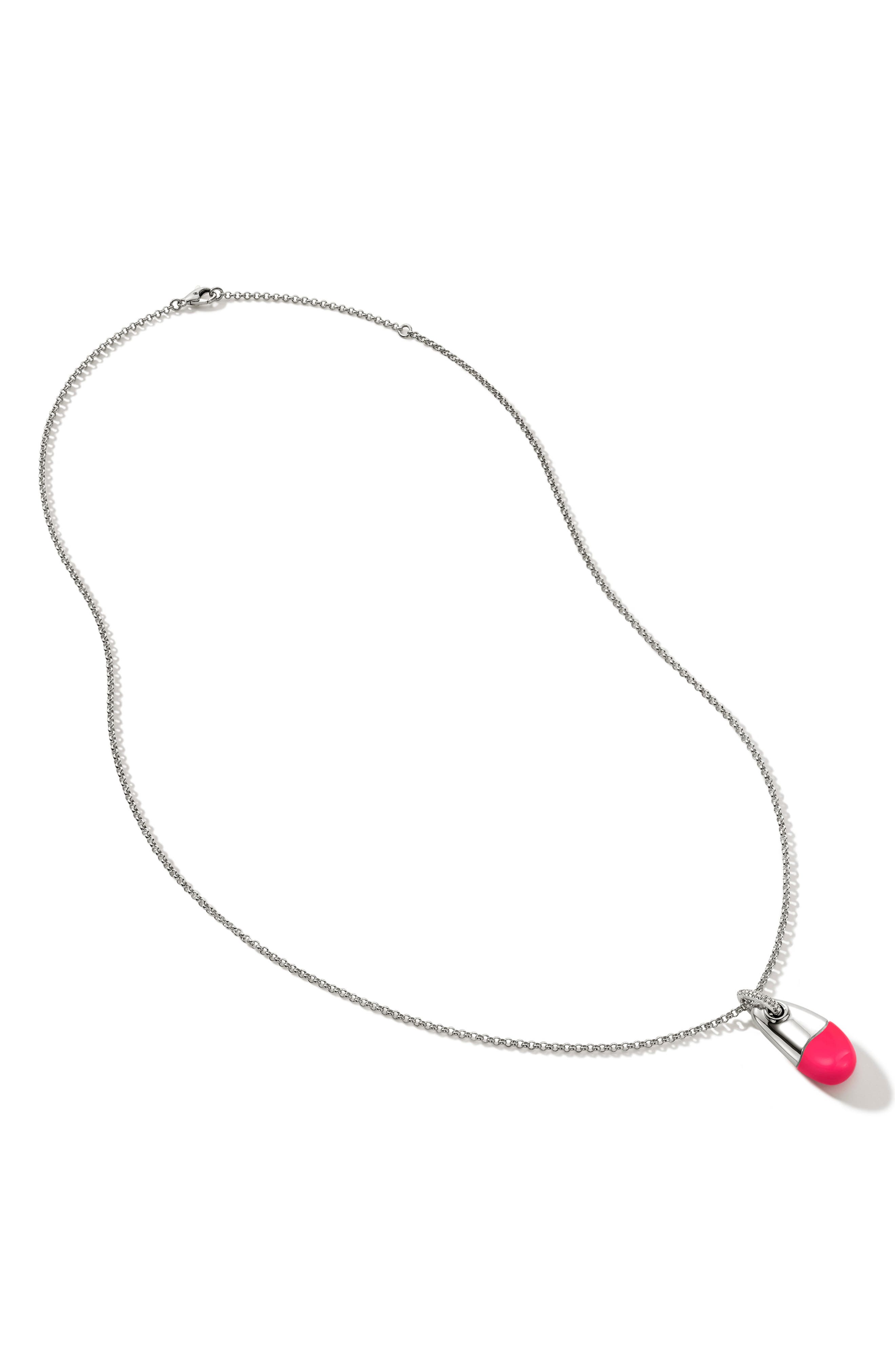 John Hardy Pebble Silver Diamond Pavé (0.04ct) Pendant on 2mm Rolo Chain Necklace with Neon Pink Enamel