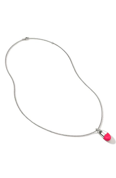 Pebble Silver Diamond Pavé (0.04ct) Pendant on 2mm Rolo Chain Necklace with Neon Pink Enamel