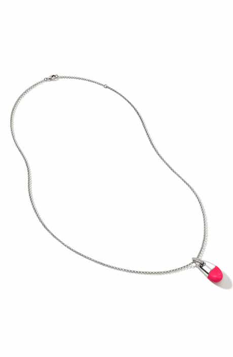 John Hardy Pebble Silver Diamond Pavé (0.04ct) Pendant on 2mm Rolo Chain Necklace with Neon Pink Enamel