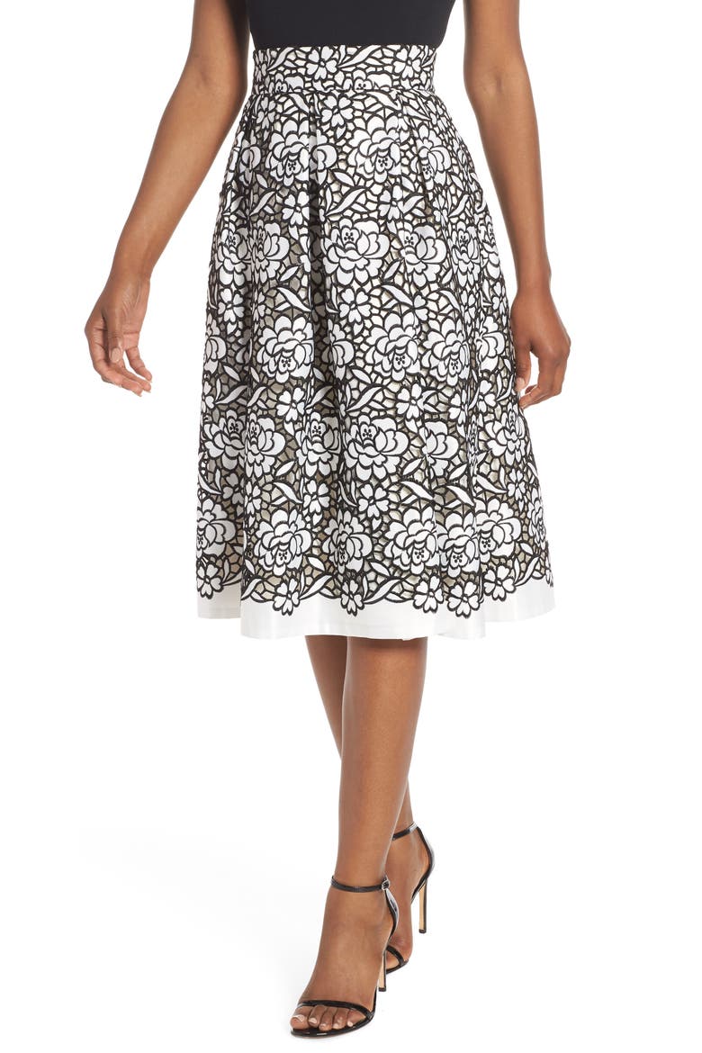 Pleated Floral Cutout Appliqué Skirt, Main, color, BLACK/IVORY
