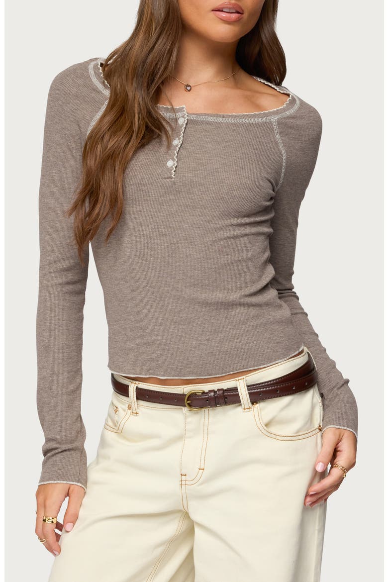 Ensley Contrast Stitch Henley Top, Main, color, BROWN