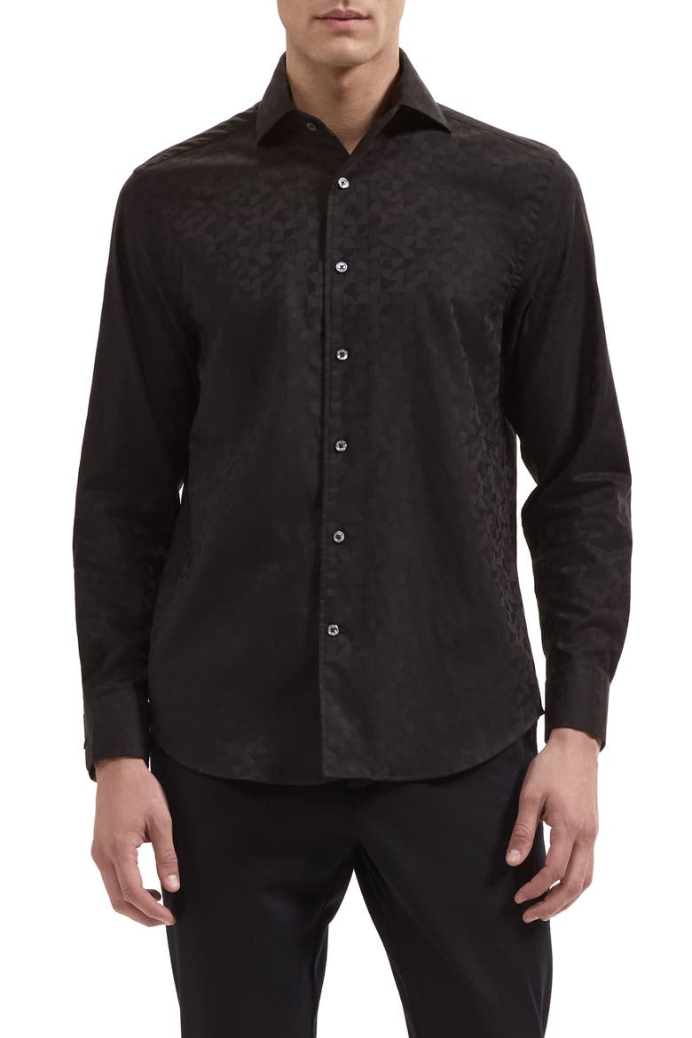 Alvin Shaped Fit Jacquard Button-Up Shirt, Main, color, BLACK