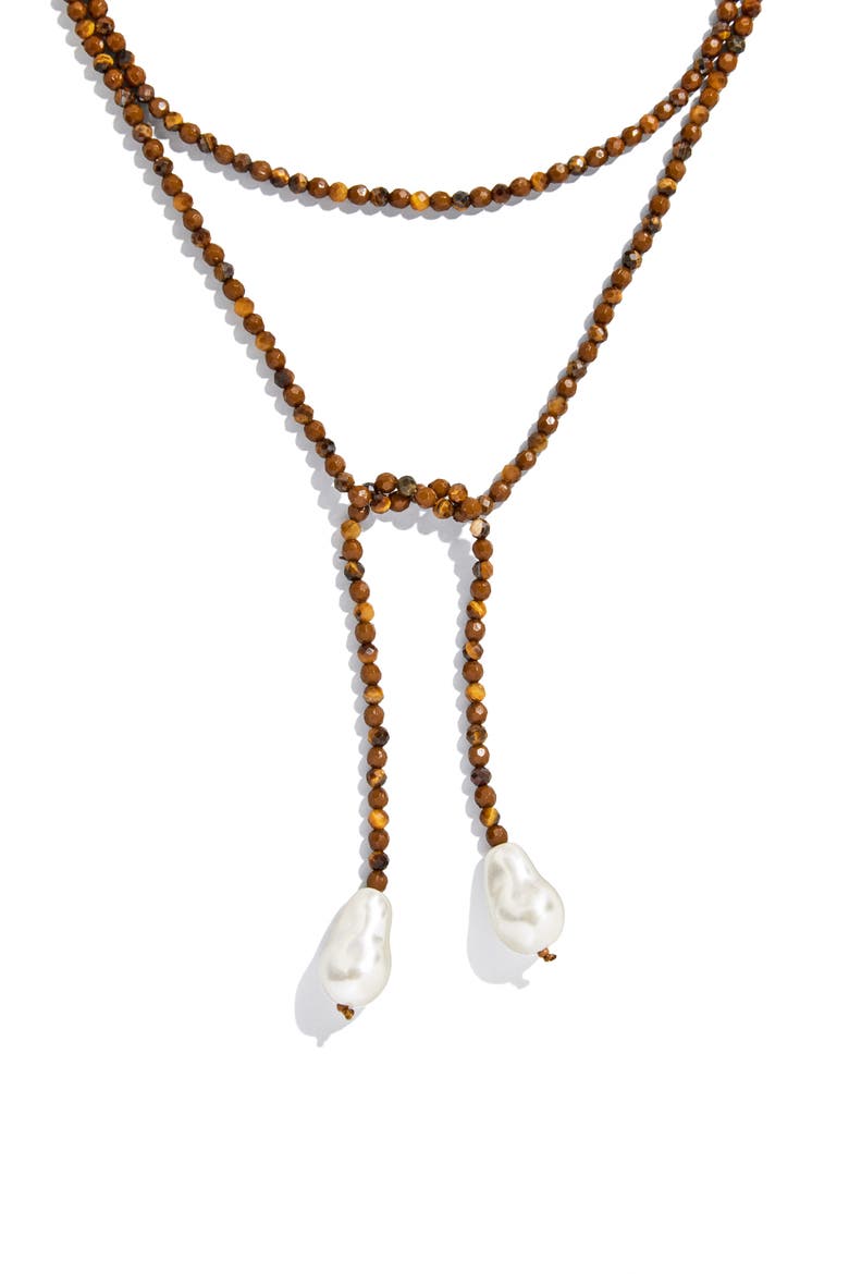 Faux Pearl & Faux Semi Precious Stone Wrap Necklace, Main, color, BROWN