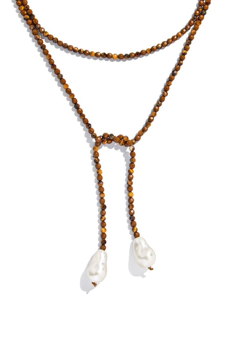 BaubleBar Faux Pearl & Faux Semi Precious Stone Wrap Necklace, Main, color, Brown