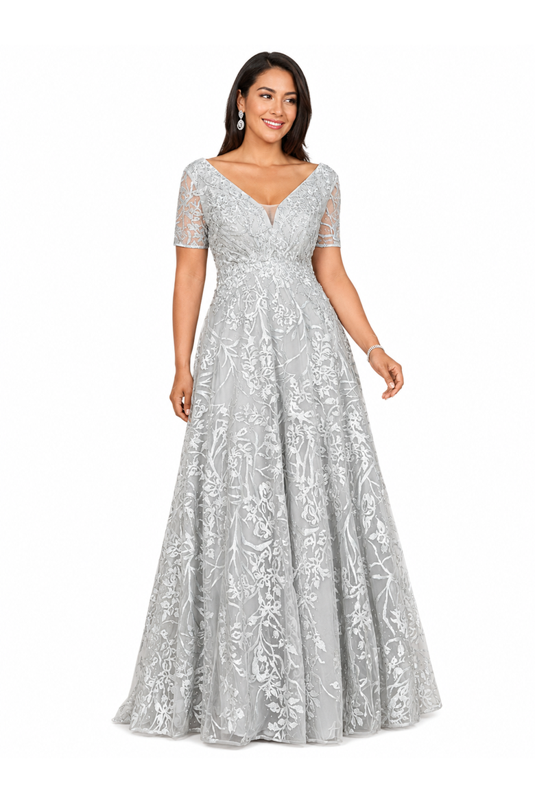 Short Sleeve Lace A-Line Dress with V-Neckline, Alternate, color, Dusty Blue/Green