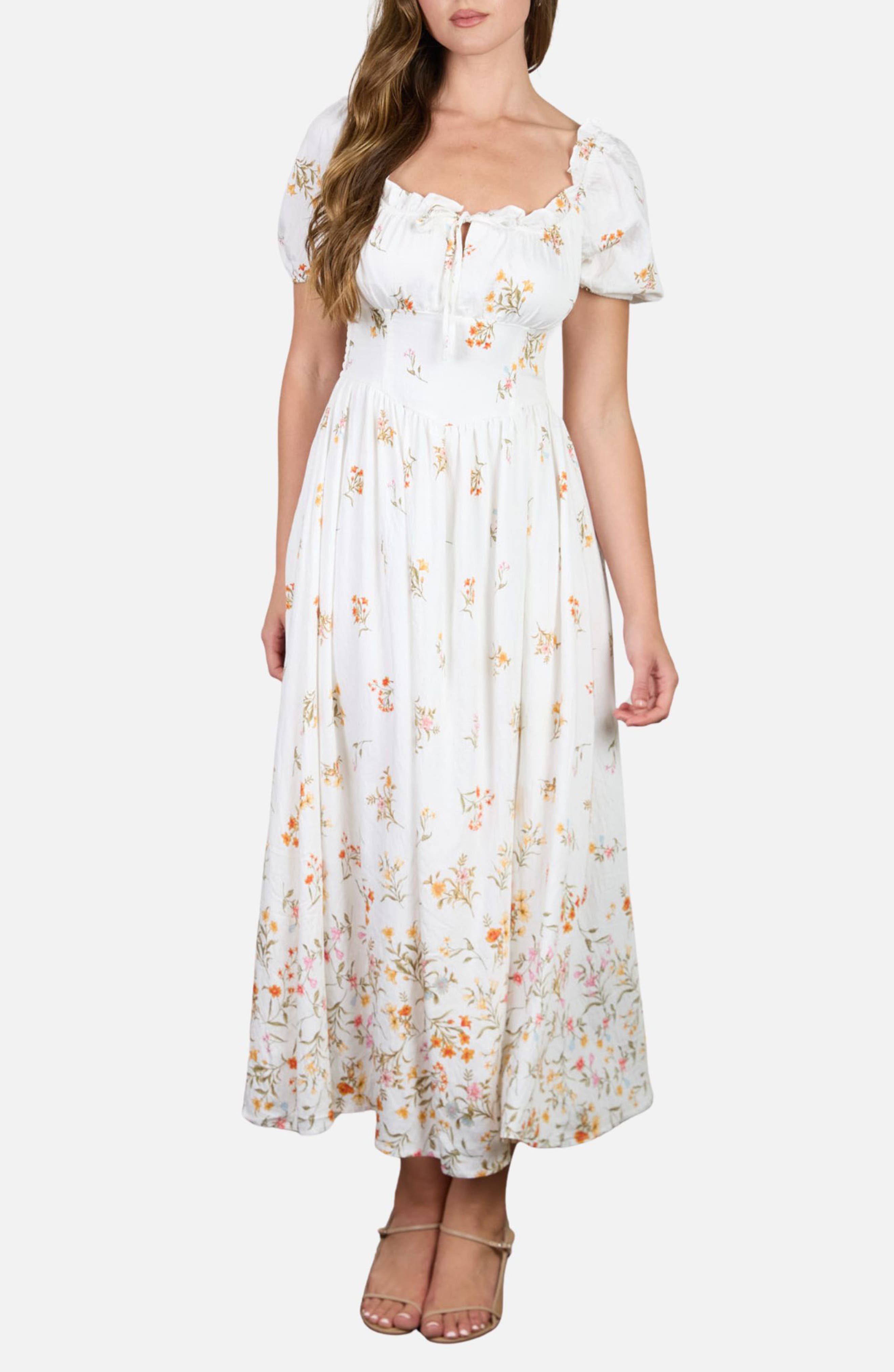 Floral Puff Sleeve Midi Dress