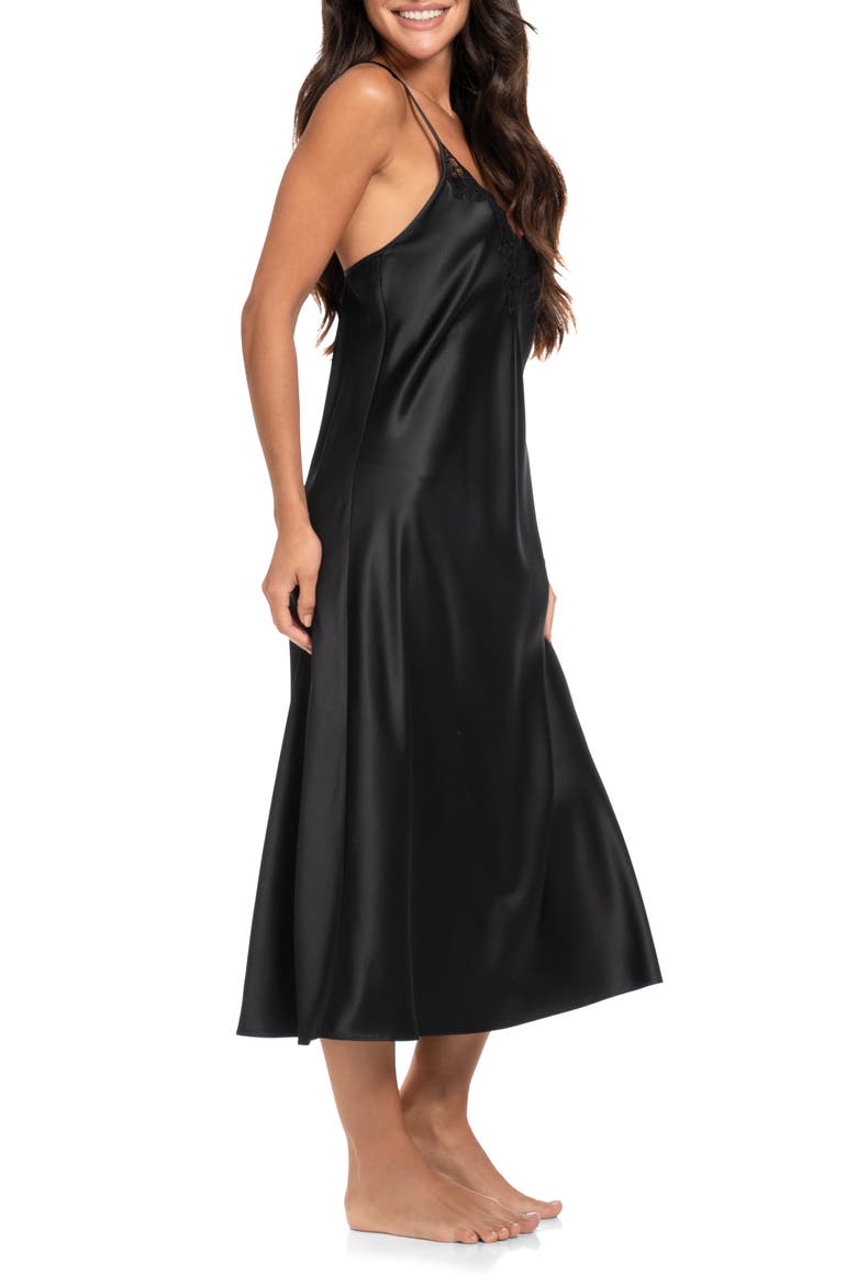 Lace Trim Stretch Satin Nightgown, Alternate, color, BLACK