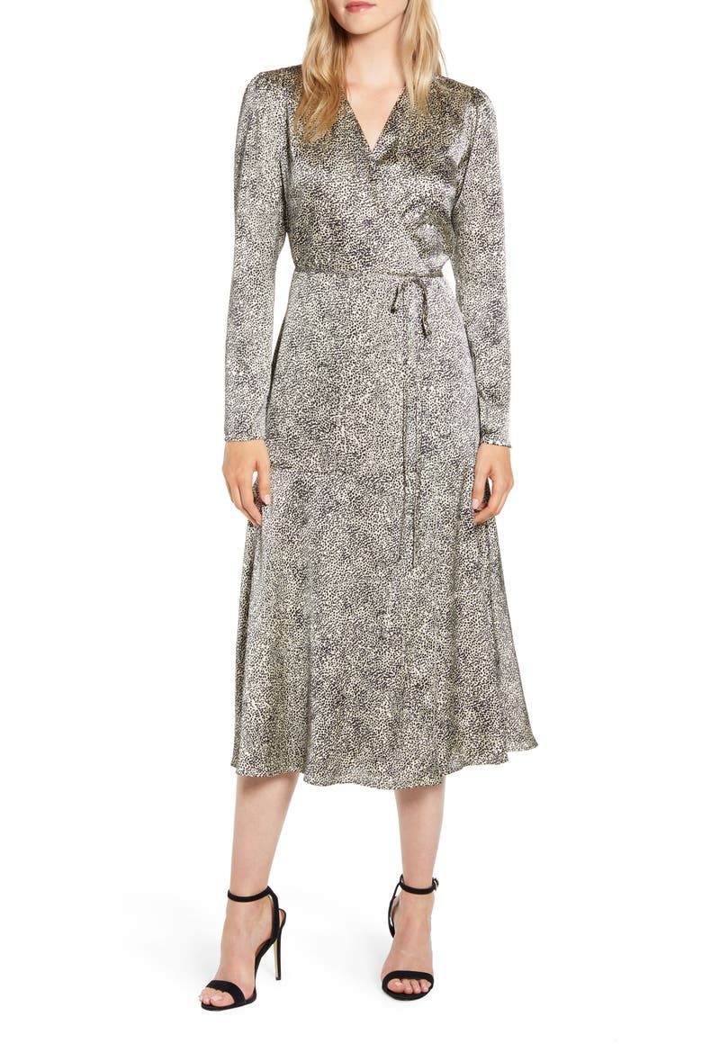 Cheetah Print Long Sleeve Satin Wrap Dress, Alternate, color, BEIGE BEACH TINY CHEETAH