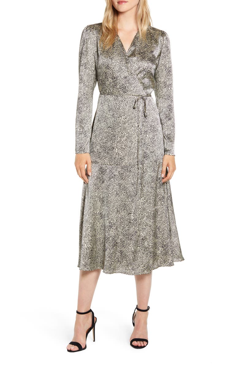 Rachel Parcell Cheetah Print Long Sleeve Satin Wrap Dress, Alternate, color, 