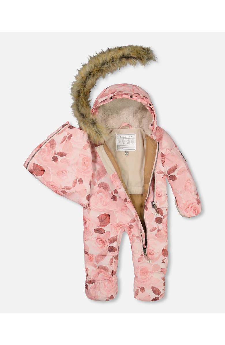 Deux par Deux Baby Girl's One Piece Baby Hooded Snowsuit Printed Roses Designed For Car Seat, Alternate, color, 