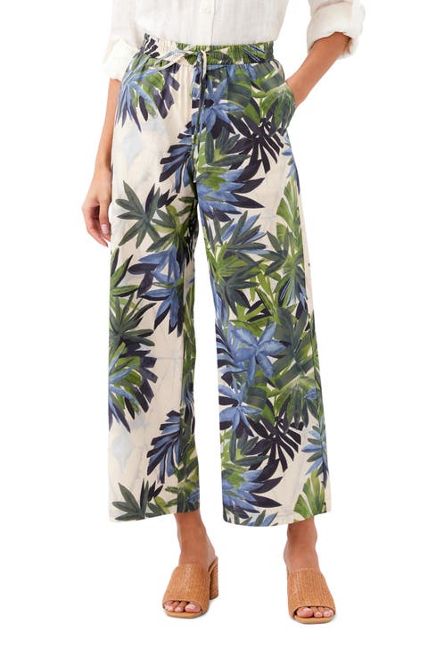 Frond Print Cotton Drawstring Wide Leg Pants (Regular & Petite)