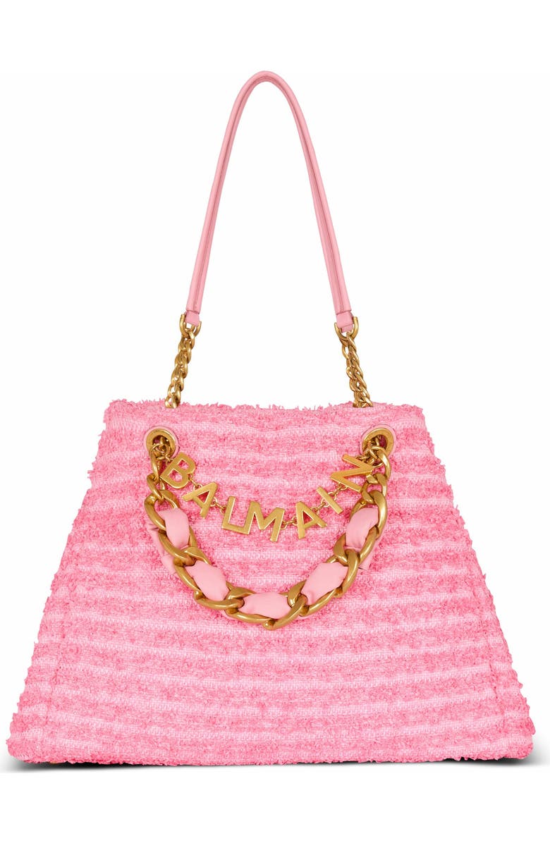 Balmain 1945 Soft Tote In Tweed-Effect Raffia, Alternate, color, Pink