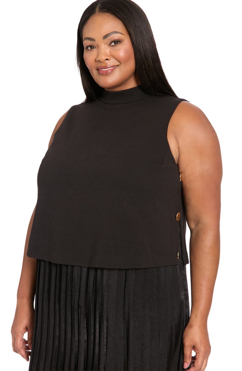 London Times Button Pleated Skirt A-Line Dress, Alternate, color, Black