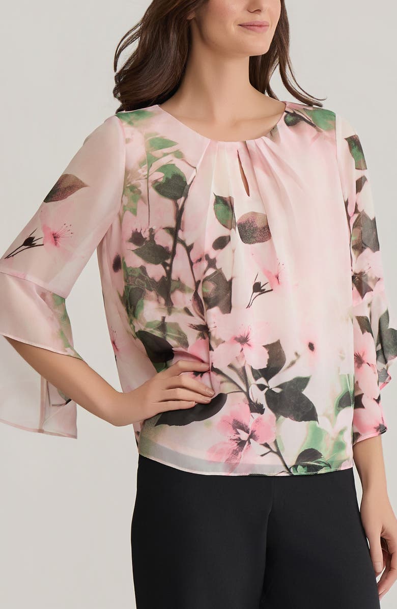 KASPER Floral Print Flutter Sleeve Top, Alternate, color, Vanilla Ice Multi