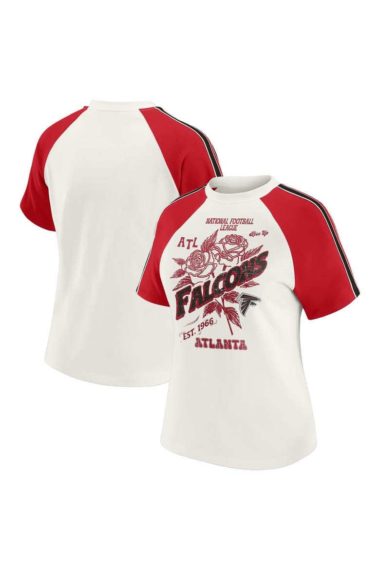 Women's WEAR by Erin Andrews White Atlanta Falcons Sleeve Stripe Distressed Raglan T-Shirt, Main, color, White