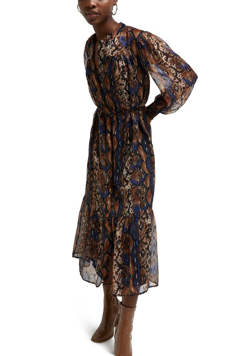 Snakeskin Print Tiered Long Sleeve Midi Dress, Alternate, color, BROWN