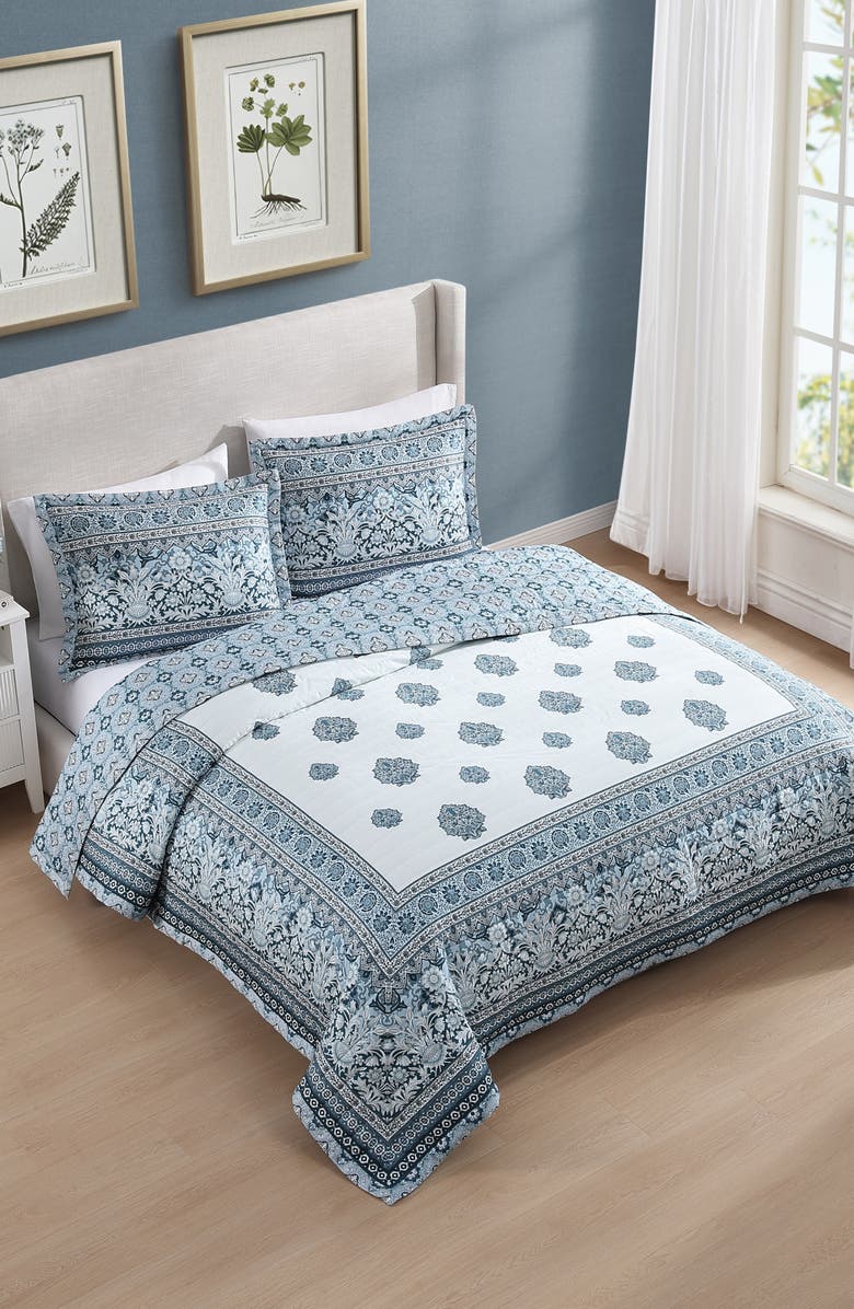 Bebejan Aquamarine Medallion Cotton Reversible Quilted Coverlet Set, Main, color, Blue